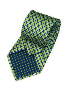 7 Fold Green and Blue Geometric Detail Tie with Contrast Lining