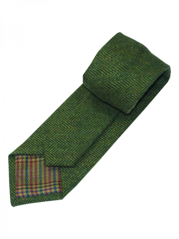 Green tweed effect tie with contrast orange check lining