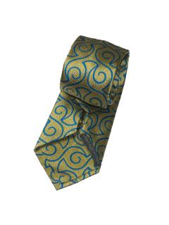 Gold Tie with Vibrant Blue Swirl Pattern Detail