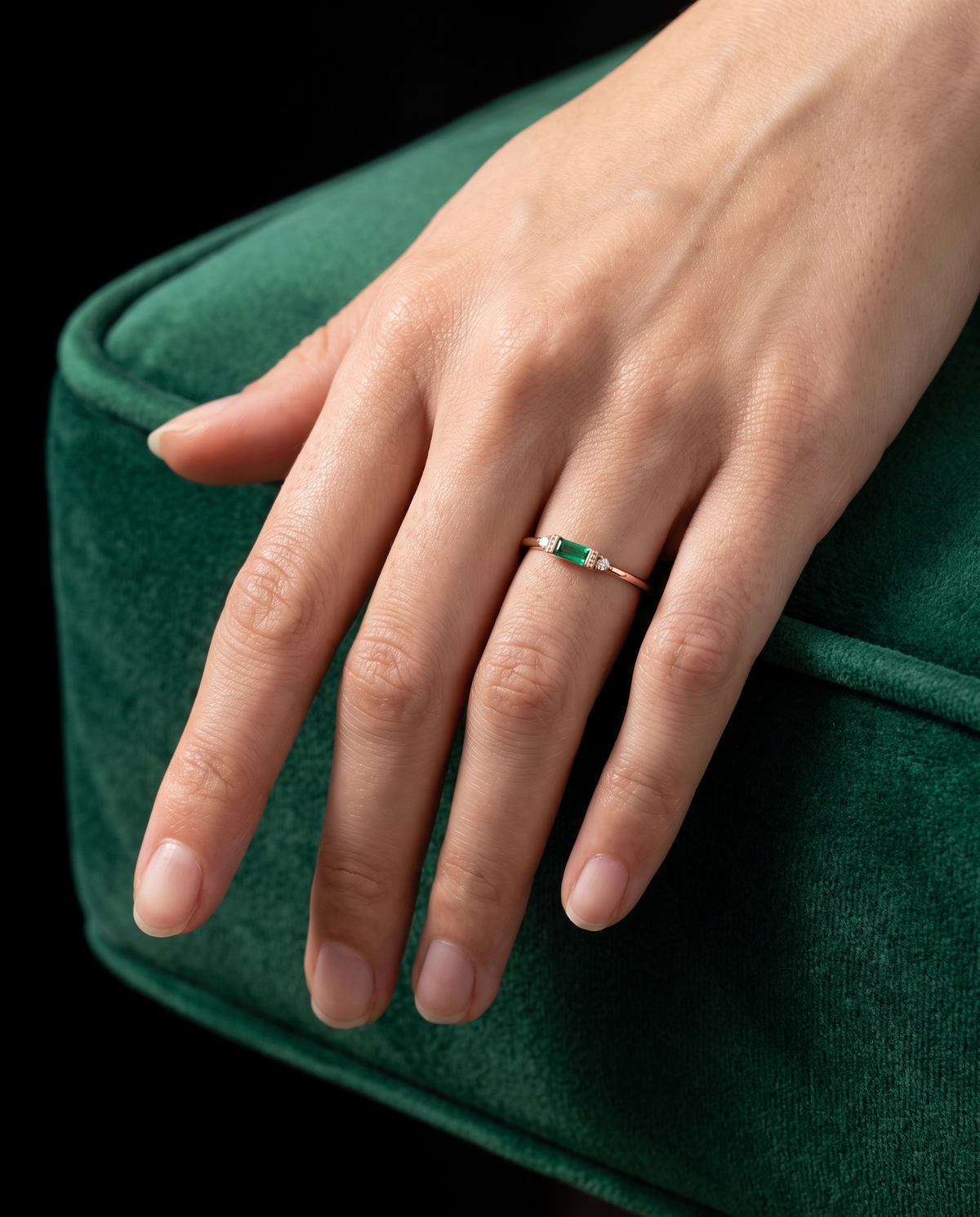 Emerald Baguette ring, worn on a hand
