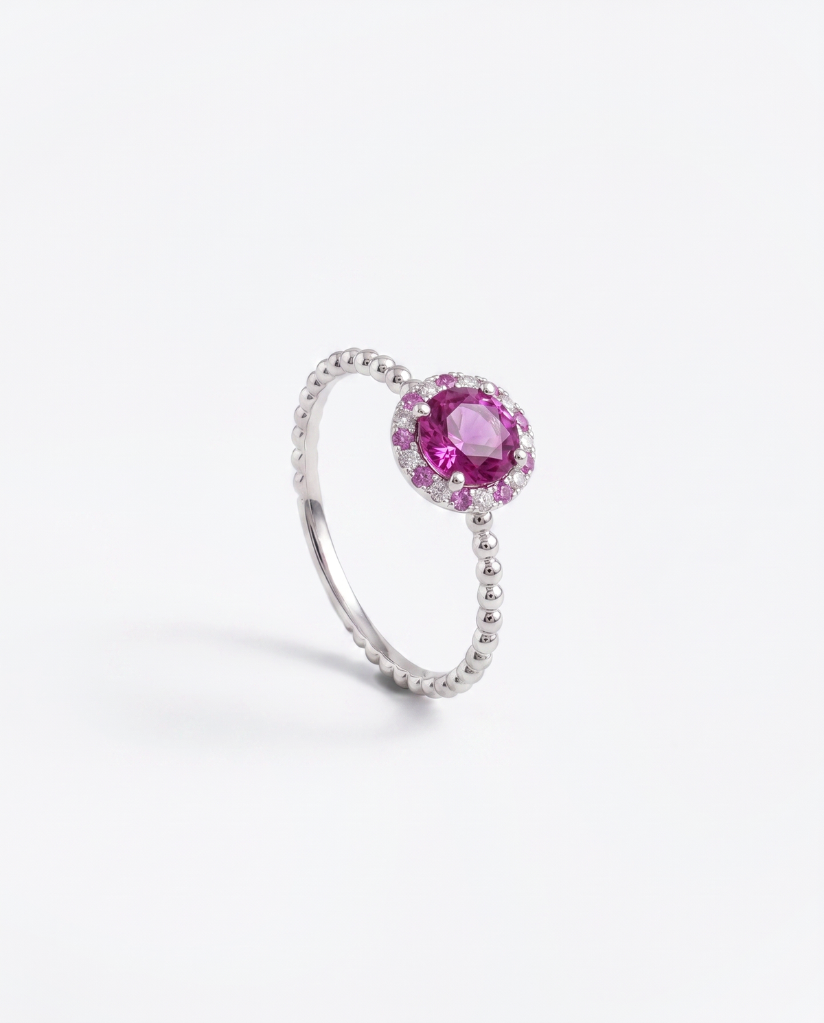 Pink Sapphire Halo, front hero view of the ring