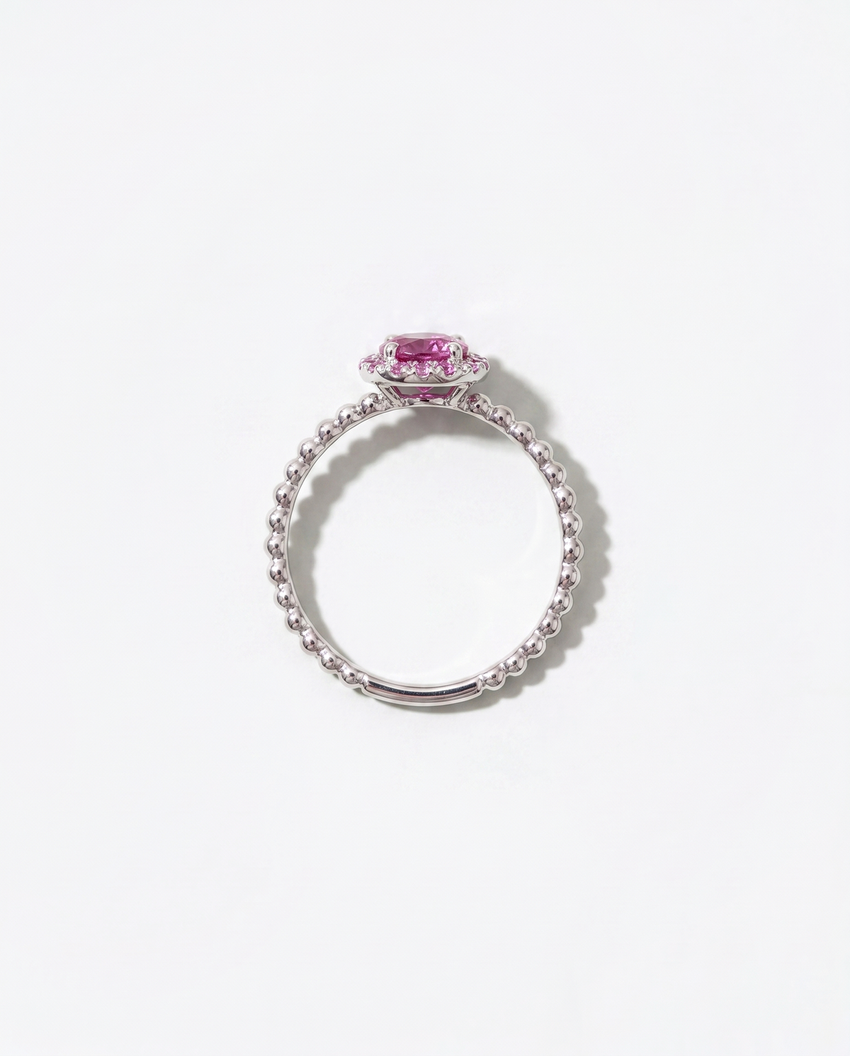 Pink Sapphire Halo, overhead view of the ring