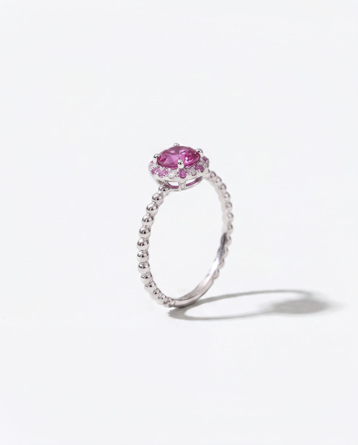 Pink Sapphire Halo, side profile view of the setting
