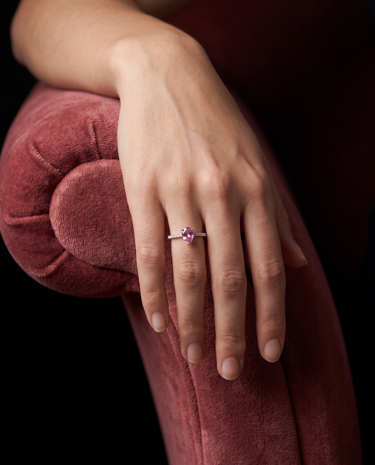 Pink Sapphire Pear, ring worn on a hand