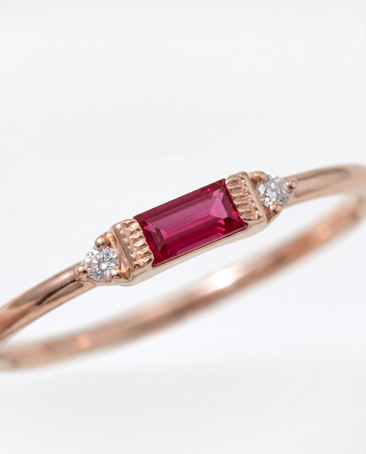 Ruby Baguette, close-up macro view of the stone setting