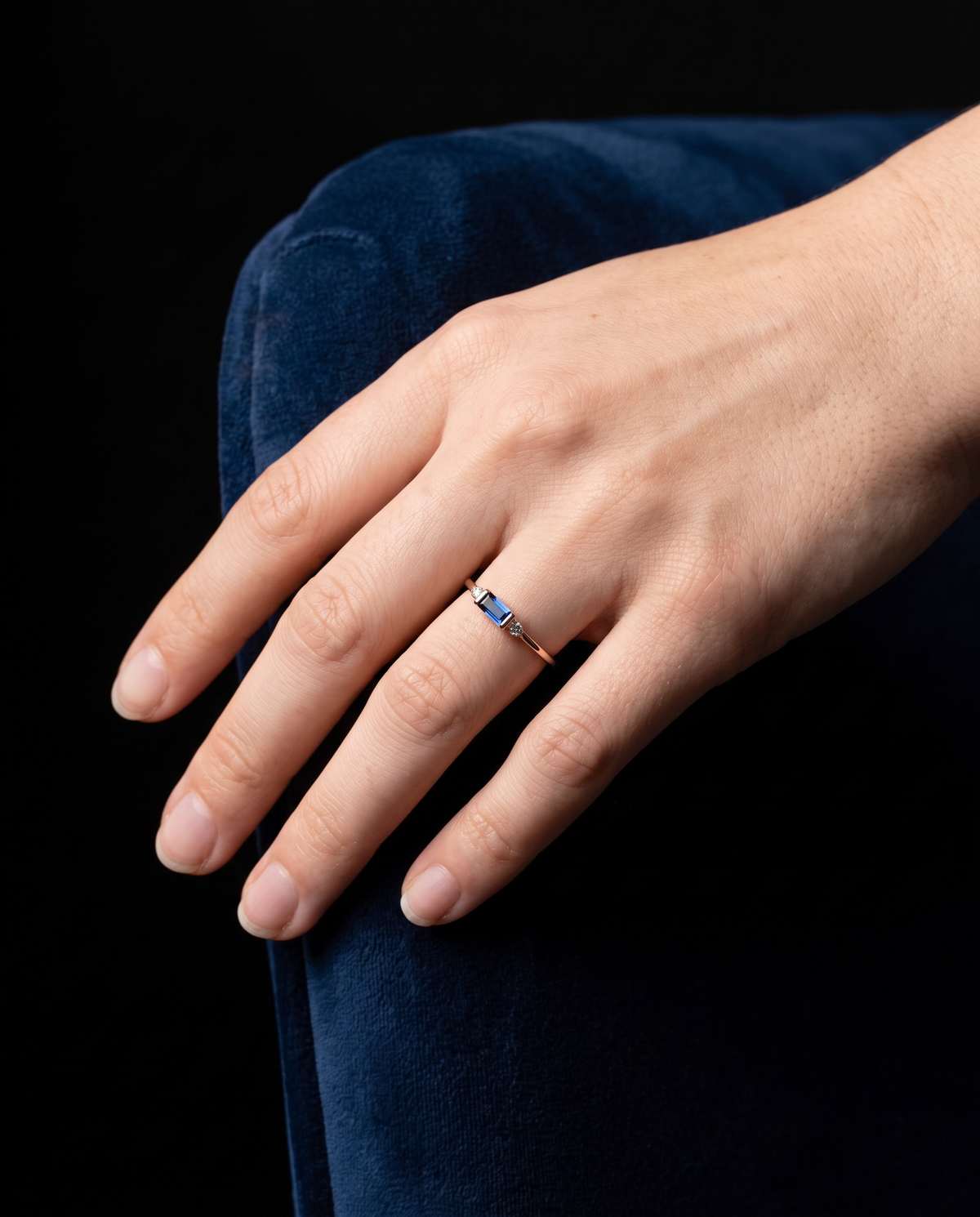 Sapphire Baguette, worn on a hand